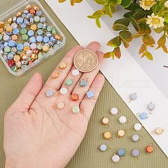 電気メッキ不透明ガラスチャーム120個  金メッキ真鍮ループ付き  フラットラウンド  ミックスカラー  12.5~13x8x4mm  穴：3~3.5mm&nbsp;FIND-HY0001-36