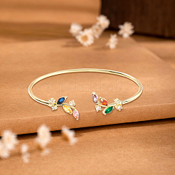1Pc Elegant Brass Cubic Zirconia Leaf Cuff Bangles for Women&nbsp;BJEW-LP0003-33G-01
