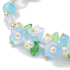 女性用フラワーガラス＆アクリル編みビーズ調節可能ブレスレット  空色  内径：2~3インチ（5~7.5cm）&nbsp;BJEW-JB10446-01