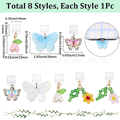 8 個のプラスチックモバイル防塵プラグ  蝶の花のガラスとアクリルのチャーム付き  ミックスカラー  26~31mm&nbsp;HJEW-BM00003