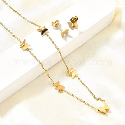 女性用バタフライ 304 ステンレススチールネックレス & スタッドピアスセット  イオンプレーティング（ip）  ゴールドカラー  15.75インチ（400mm）&nbsp;SJEW-C007-07G