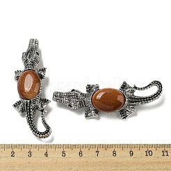 デュアルユースアイテム 合金製ワニブローチ  合成ゴールドストーン付き  アンティークシルバー  67.5x24x10mm  穴：4x3.5mm&nbsp;JEWB-C026-01I-AS