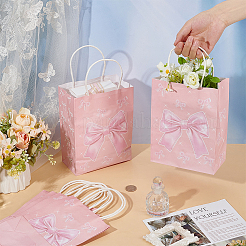 ハンドル付き蝶結びプリント紙包装袋  ショッピングバッグ  長方形  ピンク  21x15.9x0.15cm  展開：15.9x8.2x21cm&nbsp;ABAG-WH0071-002B