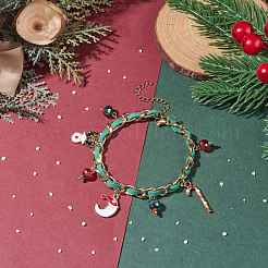 Christmas Candy Cane & Reindeer & Moon Alloy Charm Bracelet with Glass Beads&nbsp;BJEW-TA00090-01