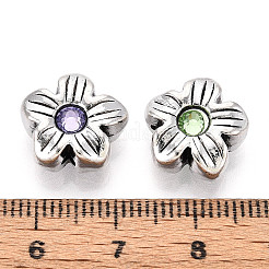 チベット風合金ビーズ  ラインストーン付き  花  アンティークシルバー  ミックスカラー  13x14x6mm  穴：1.4mm&nbsp;TIBE-N013-27AS
