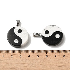 天然ハウライトと黒曜石のフラットラウンドペンダント  プラチナメッキ合金スナップオンベイル付き陰陽チャーム  28.5x25x6.5mm  穴：7.6x4mm&nbsp;G-C095-05P