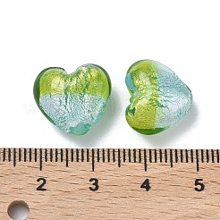 手作り銀箔ガラスベネチアンビーズ  ハート  ライムグリーン  13~14x14~15x9~12mm  穴：1.8mm&nbsp;LAMP-F043-02C