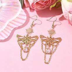 201 ステンレススチール バタフライ ダングル イヤリング  ガラスのティアドロップチャーム付き  女性のための真鍮のアクセサリー  太陽  ゴールドカラー  80x32mm&nbsp;EJEW-TA00367-01