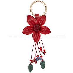 革と合金のキーホルダー  花  レッド  190mm。&nbsp;HJEW-WH20022-04A-03