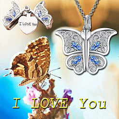 I Love You  Butterfly Alloy Capri Blue Rhinestone Pendant Necklaces for Women&nbsp;WG31A73-04