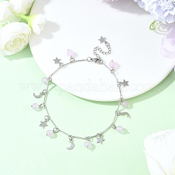 3Pcs 3 Colors 201 Stainless Steel Moon Star & Natural Dyed Malaysia Jade Round Charm Brass Bar Link Chain Anklets&nbsp;AJEW-AN00732