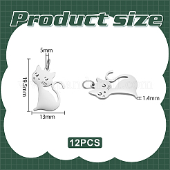 304ステンレススチールペンダント12個  丸カン付き  猫のチャーム  ステンレス鋼色  19.5x13x1.4mm  穴：3.2mm&nbsp;STAS-UN0061-13