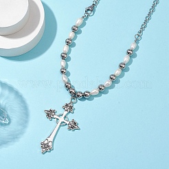 Natural Pearl with Cross Alloy Pendant Necklaces&nbsp;NJEW-JN04813