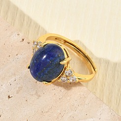 Brass Micro Pave Cubic Zirconia with Natural Lapis Lazuli Cuff Open Rings&nbsp;RJEW-T035-01G-B
