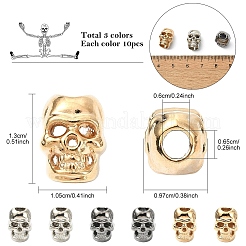 30個 3色合金ヨーロピアンビーズ  スカル  大穴ビーズ  ミックスカラー  13x10.5x9.7mm  穴：6.5x6mm  10個/カラー&nbsp;FIND-YW0011-67