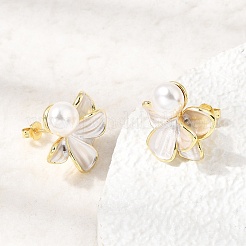 真鍮エナメルスタッドピアス  花  absプラスチックパール  カドミウムフリー＆鉛フリー  ラックめっき  長持ちメッキ  ゴールドカラー  19.5x18.5mm&nbsp;KK-CBAB173-02C-G