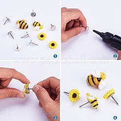 DIYの家具の装飾の作り用  樹脂カボションとアイアンフラットヘッドネイル付き  ソファフォームネイル  蜂と花  きいろ&nbsp;DIY-TA0002-51P