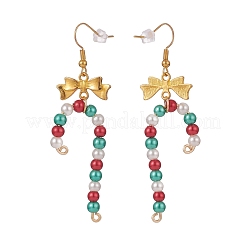 Glass Christmas Candy Cane with Alloy Bowknot Dangle Earrings&nbsp;EJEW-JE04971-01