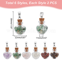 12Pcs 6 Styles Natural Mixed Gemstone Chip Heart Glass Bottle Pendants&nbsp;PALLOY-UN00001