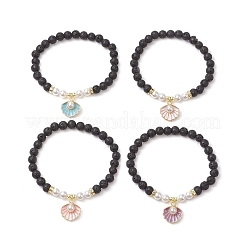 Natural Lava Rock Round Beads with Brass Rhinestone Spacer Beads and Shell Pearl Bead and Electroplate Non-magnetic Synthetic Hematite Beads and Alloy Pendants Bracelets&nbsp;BJEW-JB11511