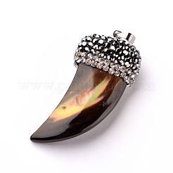 イタリアのホーンシェルペンダント  プラチナメッキ真鍮のパーツとポリマークレイラインストーン付き  38~39x17~18x8~9mm  穴：4x5mm&nbsp;G-F215-15