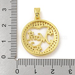 本物の 18k ゴールドメッキの母の日ラックメッキ真鍮マイクロパヴェキュービックジルコニアペンダント  長持ちメッキ  鉛フリー＆カドミウムフリー  単語ママとラウンド  透明  25x22x3mm  穴：6x3mm&nbsp;KK-R153-05G