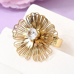 201ステンレススチール製パヴェシングルキュービックジルコニア付き調節可能なカフリング（女性用）  花  ゴールドカラー  24x24mm  内径：18mm&nbsp;RJEW-K318-02C-G