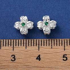 真鍮マイクロパヴェライムグリーンキュービックジルコニアビーズ  カドミウムフリー＆ニッケルフリー＆鉛フリー  花  925銀メッキ  8x8x3.5mm  穴：1mm&nbsp;KK-P256-11S