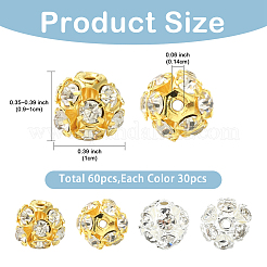60個2スタイルの真鍮ラインストーンビーズ  ラウンド  ジュエリープロジェクト向け  ゴールデン＆シルバー  9~10x10mm  穴：1.4mm  30個/カラー&nbsp;KK-YW0004-26