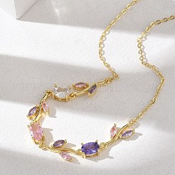 真鍮パヴェキュービックジルコニアローズフラワーリンクアズキチェーンネックレス（女性用）  長持ちメッキ  ラックめっき  カドミウムフリー＆鉛フリー  18KGP本金メッキ  カラフル  16.54インチ（42cm）&nbsp;NJEW-C121-05B-06G