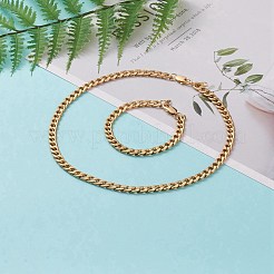 女性用PVD真空メッキ304ステンレススチールキューバチェーンブレスレットとネックレスジュエリーセット  カニカン付き  ゴールドカラー  7-5/8インチ（19.3cm）  17-3/4インチ（45.1cm）&nbsp;SJEW-JS01156