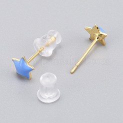 真鍮エナメルスタッドピアス  プラスチック製のピアスキャッチで  長持ちメッキ  スター  18KGP本金メッキ  コーンフラワーブルー  6x6mm  ピン：0.8mm&nbsp;EJEW-L231-67B