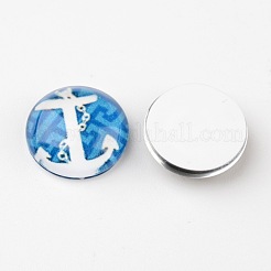 舵＆アンカー印刷ガラスカボション  半円/ドーム  ミックスカラー  12x4mm&nbsp;X-GGLA-A002-12mm-WW