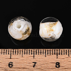 手作りのゴールド＆シルバーの箔ガラスビーズ  ラウンド  ホワイト  10~11mm  穴：1~1.4mm&nbsp;FOIL-N030-03A-01I