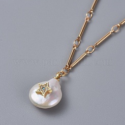 天然パールのペンダントネックレス  真鍮製のリンクバーチェーンと厚紙のアクセサリー箱  スター  18KGP本金メッキ  18.2インチ（46.2cm）&nbsp;NJEW-JN02409