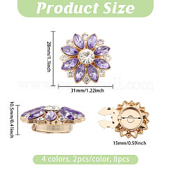 4色の合金ラインストーンカフスボタン8個  花  ゴールドカラー  ミックスカラー  28x31x10.5mm  2個/カラー&nbsp;BUTT-GL0001-02