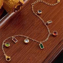 304 Stainless Steel Pave Colorful Cubic Zirconia Rectangle Flat Round Charm Bracelets for Women&nbsp;WG5257D-01