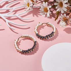 ガラスビーズ編みこみの大きなフープピアス  女性用304ステンレススチールワイヤーラップジュエリー  ゴールドカラー  ブラック  48x48.5x9mm  ピン：1.1x0.6mm&nbsp;EJEW-JE04848-01