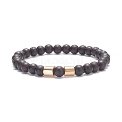 Natural Wood Round Beaded Stretch Bracelet with Synthetic Hematite for Men Women&nbsp;BJEW-JB07549