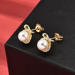 ラウンド型の真鍮製マイクロパヴェクリアキュービックジルコニアスタッドピアスの蝶結び  プラスチック模造パールと  カドミウムフリー＆鉛フリー  ゴールドカラー  10x9mm&nbsp;EJEW-A135-29G