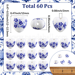 花柄プリントの磁器ビーズ 60個  花柄のセラミックビーズ  花柄とハート  ダークブルー  12~12.5x12x9mm  穴：2mm  4個/色  15色&nbsp;PORC-SC0001-30B