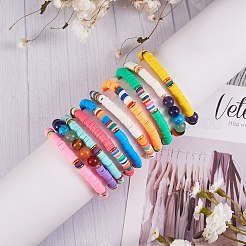 ラウンドナチュラル＆シンセティックストーンビーズストレッチブレスレットセット  {10}代の女の子の女性のための7つのチャクラブレスレット  ポリマークレイヘイシビーズサーファーブレスレット  ミックスカラー  内径：2インチ（5~5.2cm）  10個/セット&nbsp;BJEW-SW00014