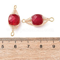 Natural Red Corundum Faceted Cube Links Connector Charms with Copper Herringbone Wire-Wrapped&nbsp;KK-Z152-06G-01A