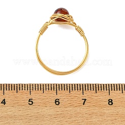 銅線で編まれた天然琥珀の女性用指輪  ラウンド  ゴールドカラー  暗赤色  7mm  内径：19mm&nbsp;RJEW-JR01052-02