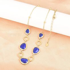 女性用 304ステンレススチール製ブルーガラスティアドロップリングリンクチェーンネックレス  イオンプレーティング（ip）  ゴールドカラー  16.14インチ（41cm）&nbsp;NJEW-D326-03G