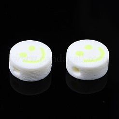 手作り樹脂粘土ビーズ  ジュエリー工芸用品のDIY用  笑顔とフラットラウンド  緑黄  10x4~4.5mm  穴：1.8mm&nbsp;X-CLAY-N008-040M