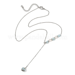 Natural Larimar Round Pendant Brass Cable Chain Lariat Y Necklaces with Natural Pearl for Women&nbsp;NJEW-JN06611-02