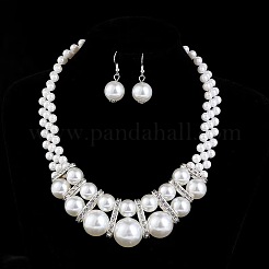 Alloy & Crystal Rhinestone & Plastic Pearl Round Beaded Necklace & Dangle Earring&nbsp;FS-WG9A175-01