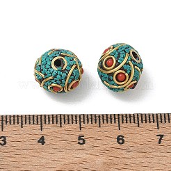 手作りのインドネシアビーズ  真鍮と樹脂を使用  ラウンド  ゴールドカラー  ターコイズ  12.5x11mm  穴：1.4~1.5mm&nbsp;PY-CBAE318-07A