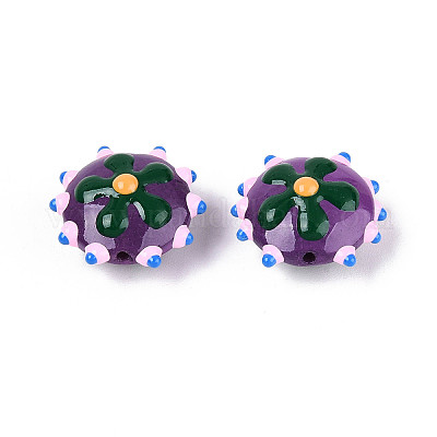 手作りランプワークビーズ  花付き凸凹したフラットラウンド  青紫色  18.5~20x10~11mm  穴：1mm&nbsp;LAMP-T023-25B-1